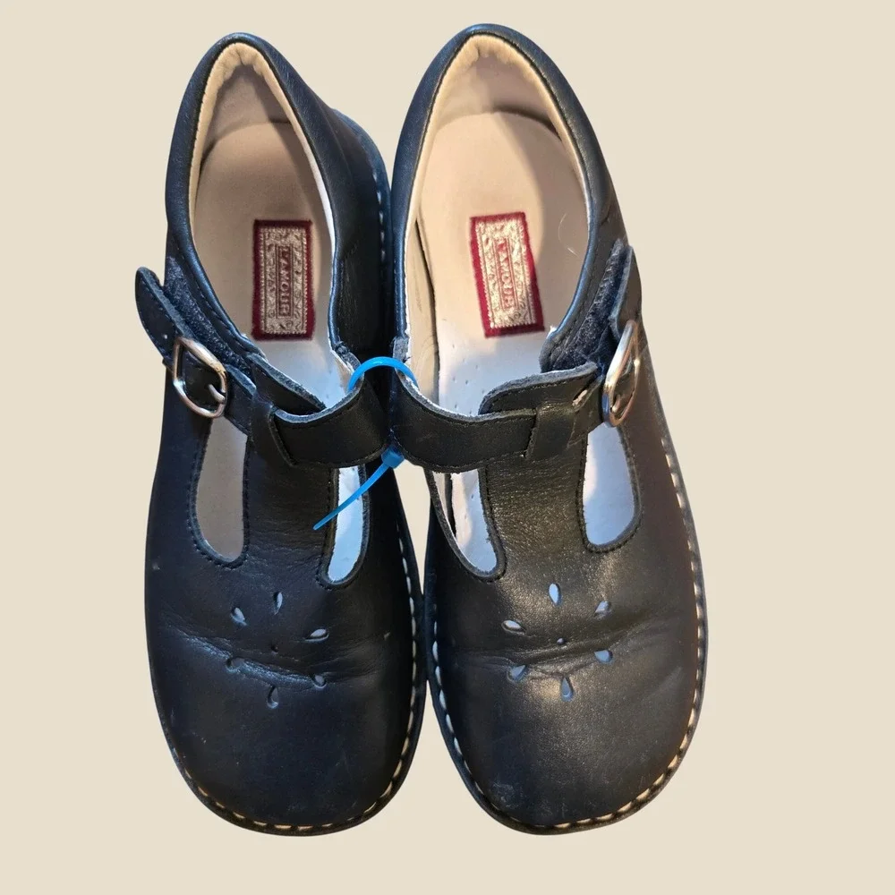 L'Amour Girls Navy Leather TStrap Mary Jane Shoes Floral Perforated Style 751 2Y